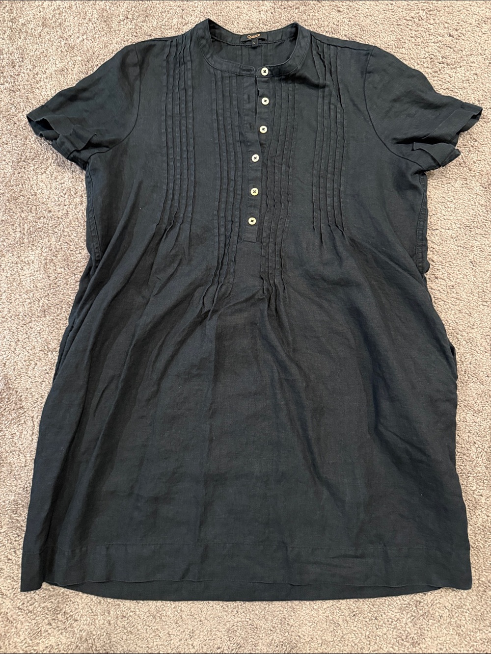 Quince Black 100% Linen Pintuck Short-Sleeve Mini Dress